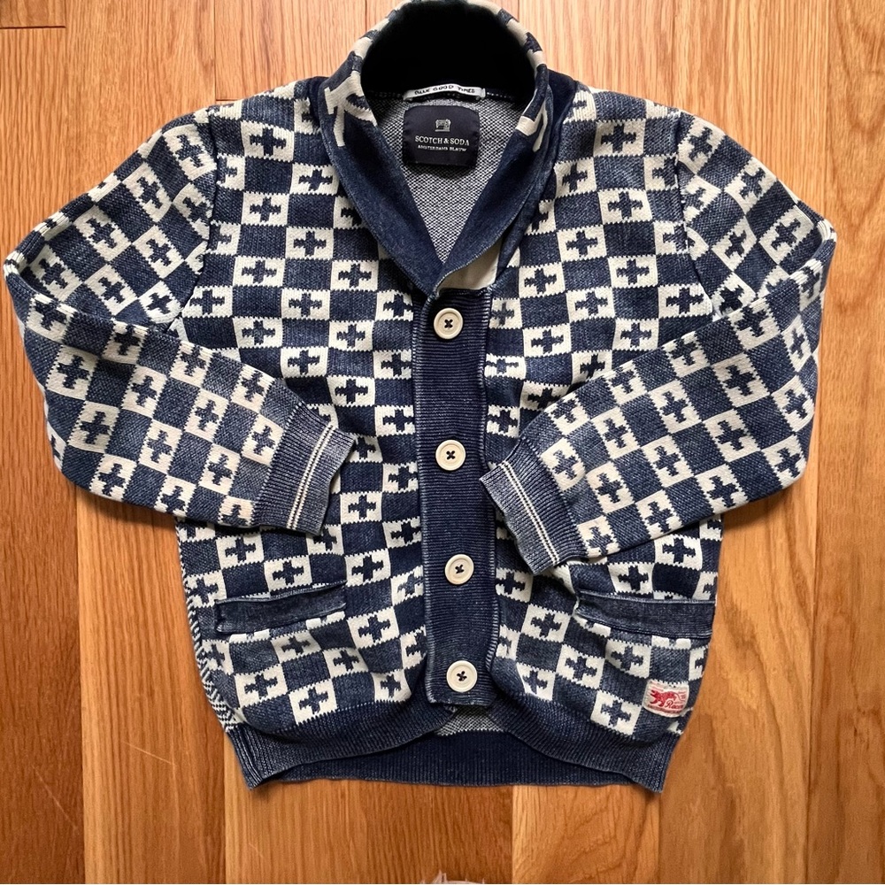 Scotch & Soda Blue and White Geometric Shawl Collar Cardigan